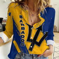 Barbados Trident and Coat of Arms Women Casual Shirt with Blue Yellow Patriotic Graphic - Wonder Print Shop