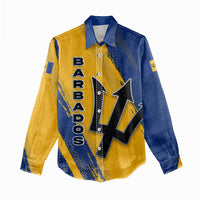 Barbados Trident and Coat of Arms Women Casual Shirt with Blue Yellow Patriotic Graphic - Wonder Print Shop
