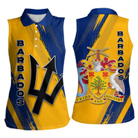 Barbados Trident and Coat of Arms Women Sleeveless Polo Shirt with Blue Yellow Patriotic Graphic - Wonder Print Shop