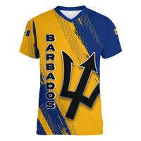 Barbados Trident and Coat of Arms Women V-Neck T-Shirt with Blue Yellow Patriotic Graphic - Wonder Print Shop