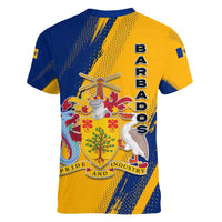 Barbados Trident and Coat of Arms Women V-Neck T-Shirt with Blue Yellow Patriotic Graphic - Wonder Print Shop