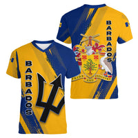 Barbados Trident and Coat of Arms Women V-Neck T-Shirt with Blue Yellow Patriotic Graphic - Wonder Print Shop