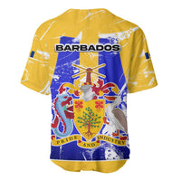 Barbados Coat of Arms Baseball Jersey with Yellow Blue Pelican Dolphin Graphic - Wonder Print Shop