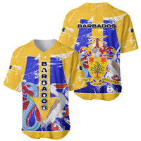 Barbados Coat of Arms Baseball Jersey with Yellow Blue Pelican Dolphin Graphic - Wonder Print Shop