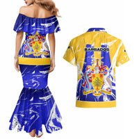 Barbados Coat of Arms Couples Matching Mermaid Dress and Hawaiian Shirt with Yellow Blue Pelican Dolphin Graphic - Wonder Print Shop
