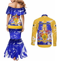 Barbados Coat of Arms Couples Matching Mermaid Dress and Long Sleeve Button Shirt with Yellow Blue Pelican Dolphin Graphic - Wonder Print Shop
