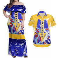 Barbados Coat of Arms Couples Matching Off Shoulder Maxi Dress and Hawaiian Shirt with Yellow Blue Pelican Dolphin Graphic - Wonder Print Shop