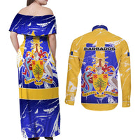 Barbados Coat of Arms Couples Matching Off Shoulder Maxi Dress and Long Sleeve Button Shirt with Yellow Blue Pelican Dolphin Graphic - Wonder Print Shop