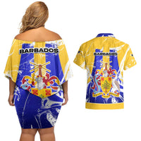 Barbados Coat of Arms Couples Matching Off Shoulder Short Dress and Hawaiian Shirt with Yellow Blue Pelican Dolphin Graphic - Wonder Print Shop