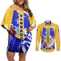 Barbados Coat of Arms Couples Matching Off Shoulder Short Dress and Long Sleeve Button Shirt with Yellow Blue Pelican Dolphin Graphic - Wonder Print Shop