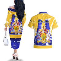 Barbados Coat of Arms Couples Matching Off The Shoulder Long Sleeve Dress and Hawaiian Shirt with Yellow Blue Pelican Dolphin Graphic - Wonder Print Shop