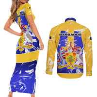 Barbados Coat of Arms Couples Matching Short Sleeve Bodycon Dress and Long Sleeve Button Shirt with Yellow Blue Pelican Dolphin Graphic - Wonder Print Shop