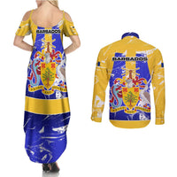 Barbados Coat of Arms Couples Matching Summer Maxi Dress and Long Sleeve Button Shirt with Yellow Blue Pelican Dolphin Graphic - Wonder Print Shop