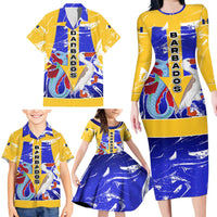 Barbados Coat of Arms Family Matching Long Sleeve Bodycon Dress and Hawaiian Shirt with Yellow Blue Pelican Dolphin Graphic - Wonder Print Shop