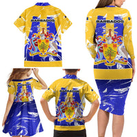 Barbados Coat of Arms Family Matching Long Sleeve Bodycon Dress and Hawaiian Shirt with Yellow Blue Pelican Dolphin Graphic - Wonder Print Shop
