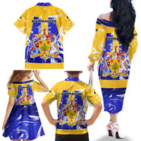 Barbados Coat of Arms Family Matching Off The Shoulder Long Sleeve Dress and Hawaiian Shirt with Yellow Blue Pelican Dolphin Graphic - Wonder Print Shop
