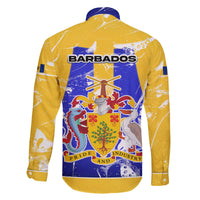 Barbados Coat of Arms Family Matching Off The Shoulder Long Sleeve Dress and Hawaiian Shirt with Yellow Blue Pelican Dolphin Graphic - Wonder Print Shop