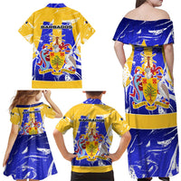 Barbados Coat of Arms Family Matching Off Shoulder Maxi Dress and Hawaiian Shirt with Yellow Blue Pelican Dolphin Graphic - Wonder Print Shop