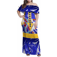 Barbados Coat of Arms Family Matching Off Shoulder Maxi Dress and Hawaiian Shirt with Yellow Blue Pelican Dolphin Graphic - Wonder Print Shop