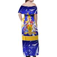 Barbados Coat of Arms Family Matching Off Shoulder Maxi Dress and Hawaiian Shirt with Yellow Blue Pelican Dolphin Graphic - Wonder Print Shop