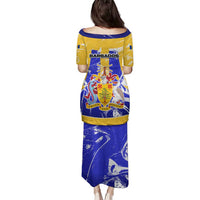 Barbados Coat of Arms Family Matching Puletasi and Hawaiian Shirt with Yellow Blue Pelican Dolphin Graphic - Wonder Print Shop