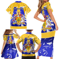 Barbados Coat of Arms Family Matching Short Sleeve Bodycon Dress and Hawaiian Shirt with Yellow Blue Pelican Dolphin Graphic - Wonder Print Shop