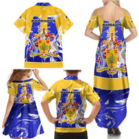 Barbados Coat of Arms Family Matching Summer Maxi Dress and Hawaiian Shirt with Yellow Blue Pelican Dolphin Graphic - Wonder Print Shop