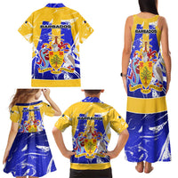 Barbados Coat of Arms Family Matching Tank Maxi Dress and Hawaiian Shirt with Yellow Blue Pelican Dolphin Graphic - Wonder Print Shop
