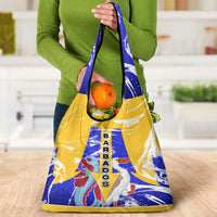 Barbados Coat of Arms Grocery Bag with Yellow Blue Pelican Dolphin Graphic - Wonder Print Shop