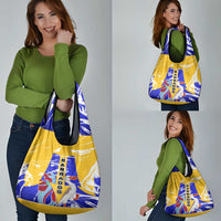 Barbados Coat of Arms Grocery Bag with Yellow Blue Pelican Dolphin Graphic - Wonder Print Shop