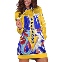 Barbados Coat of Arms Hoodie Dress with Yellow Blue Pelican Dolphin Graphic - Wonder Print Shop
