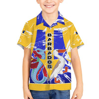 Barbados Coat of Arms Kid Hawaiian Shirt with Yellow Blue Pelican Dolphin Graphic - Wonder Print Shop