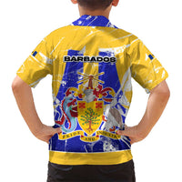 Barbados Coat of Arms Kid Hawaiian Shirt with Yellow Blue Pelican Dolphin Graphic - Wonder Print Shop