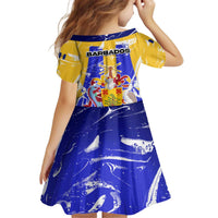 Barbados Coat of Arms Kid Short Sleeve Dress with Yellow Blue Pelican Dolphin Graphic - Wonder Print Shop