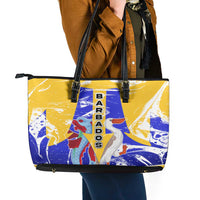 Barbados Coat of Arms Leather Tote Bag with Yellow Blue Pelican Dolphin Graphic - Wonder Print Shop