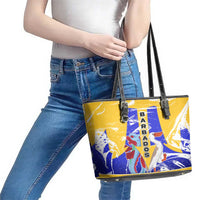 Barbados Coat of Arms Leather Tote Bag with Yellow Blue Pelican Dolphin Graphic - Wonder Print Shop