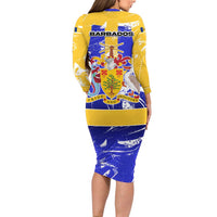 Barbados Coat of Arms Long Sleeve Bodycon Dress with Yellow Blue Pelican Dolphin Graphic - Wonder Print Shop