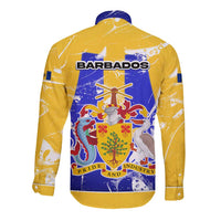 Barbados Coat of Arms Long Sleeve Button Shirt with Yellow Blue Pelican Dolphin Graphic - Wonder Print Shop