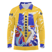 Barbados Coat of Arms Long Sleeve Polo Shirt with Yellow Blue Pelican Dolphin Graphic - Wonder Print Shop