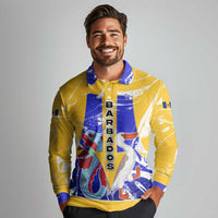 Barbados Coat of Arms Long Sleeve Polo Shirt with Yellow Blue Pelican Dolphin Graphic - Wonder Print Shop