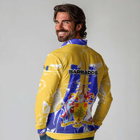 Barbados Coat of Arms Long Sleeve Polo Shirt with Yellow Blue Pelican Dolphin Graphic - Wonder Print Shop