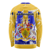 Barbados Coat of Arms Long Sleeve Shirt with Yellow Blue Pelican Dolphin Graphic - Wonder Print Shop
