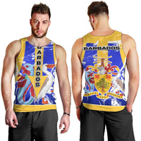 Barbados Coat of Arms Men Tank Top with Yellow Blue Pelican Dolphin Graphic - Wonder Print Shop