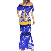 Barbados Coat of Arms Mermaid Dress with Yellow Blue Pelican Dolphin Graphic - Wonder Print Shop