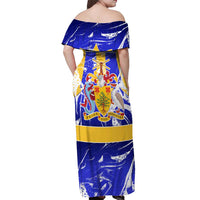 Barbados Coat of Arms Off Shoulder Maxi Dress with Yellow Blue Pelican Dolphin Graphic - Wonder Print Shop