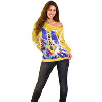 Barbados Coat of Arms Off Shoulder Sweater with Yellow Blue Pelican Dolphin Graphic - Wonder Print Shop