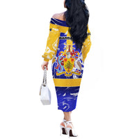 Barbados Coat of Arms Off The Shoulder Long Sleeve Dress with Yellow Blue Pelican Dolphin Graphic - Wonder Print Shop