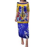 Barbados Coat of Arms Puletasi with Yellow Blue Pelican Dolphin Graphic - Wonder Print Shop