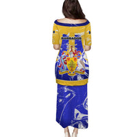 Barbados Coat of Arms Puletasi with Yellow Blue Pelican Dolphin Graphic - Wonder Print Shop