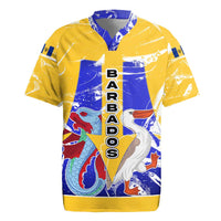 Barbados Coat of Arms Rugby Jersey with Yellow Blue Pelican Dolphin Graphic - Wonder Print Shop